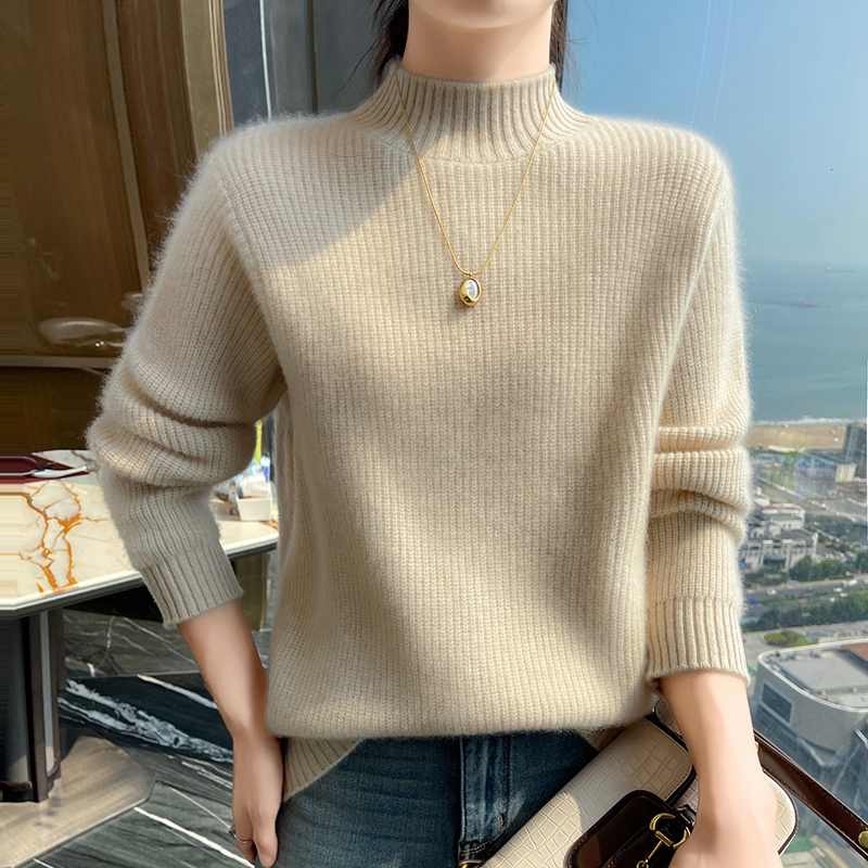 专柜正品秋冬100纯羊绒衫女加厚款半高领宽松内搭毛衣针织打底衫