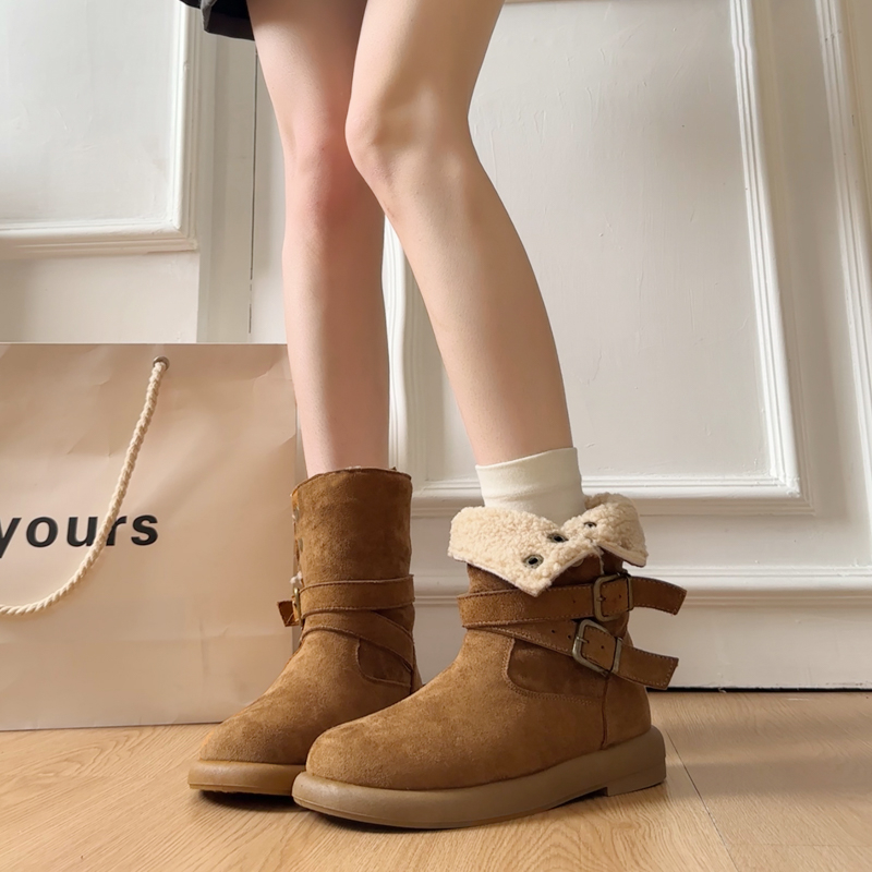 厚底雪地靴女2025年秋冬新款两穿加绒短靴小个子增高皮带扣马丁靴