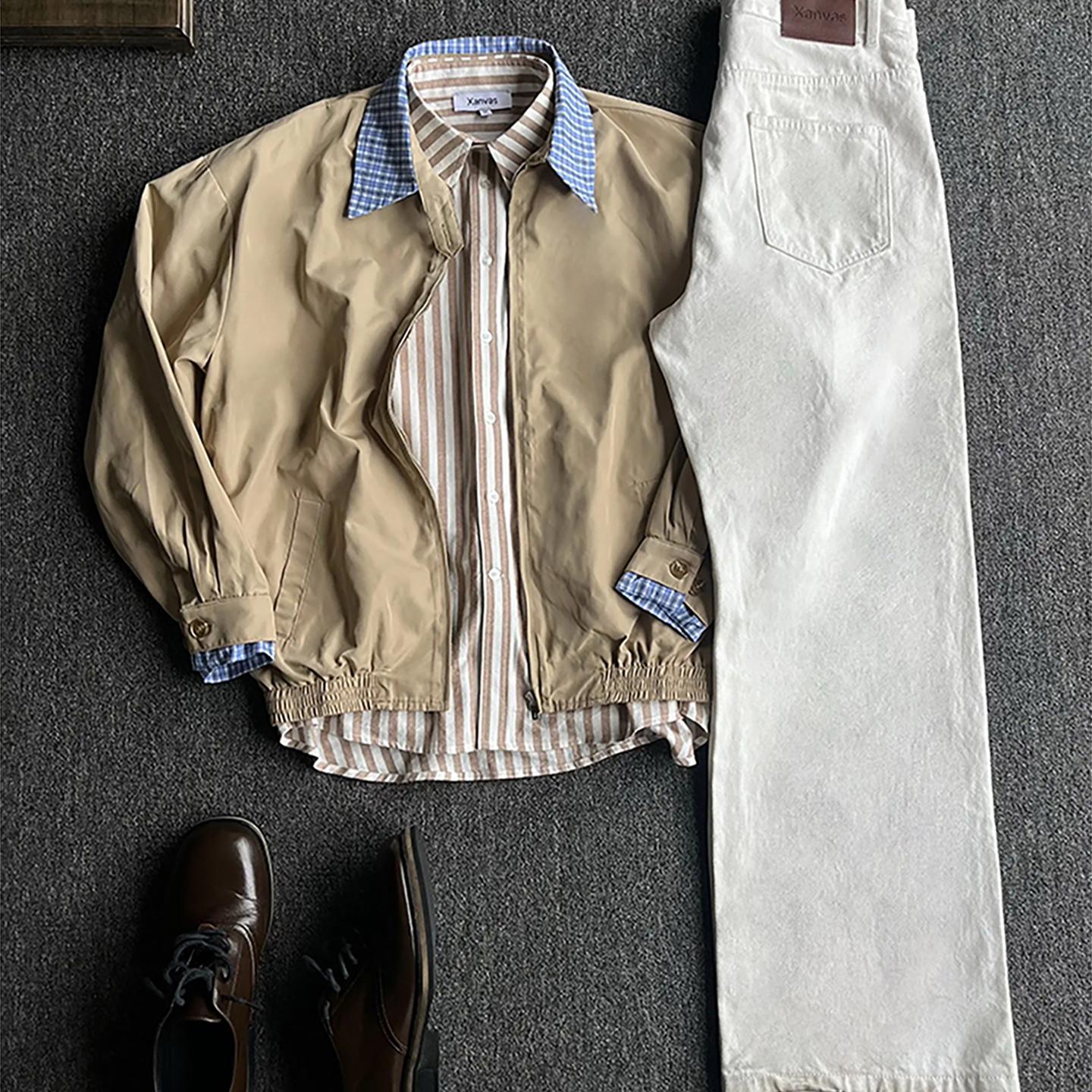 cleanfit老钱风飞行夹克男早秋美式假两件外套miu系格纹拼接上衣