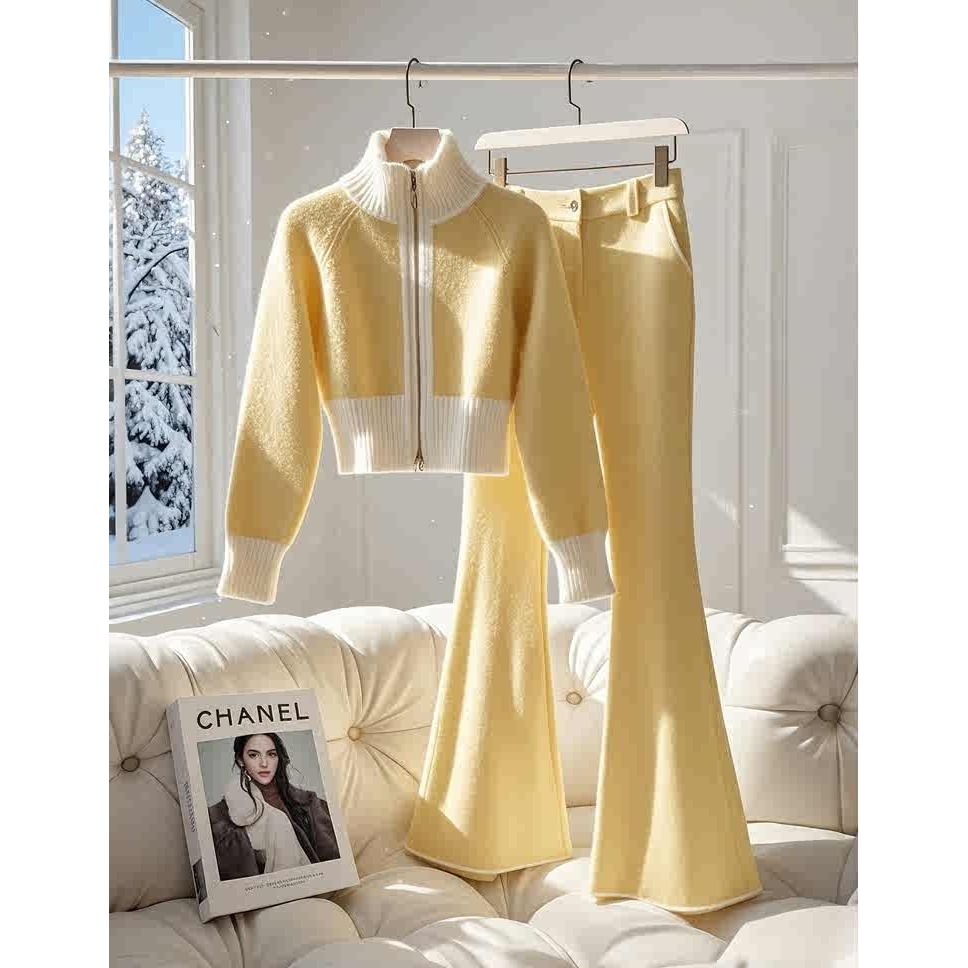 2024冬季韩系搭配一整套漂亮女装名媛高端黄色针织上衣微喇裤套装