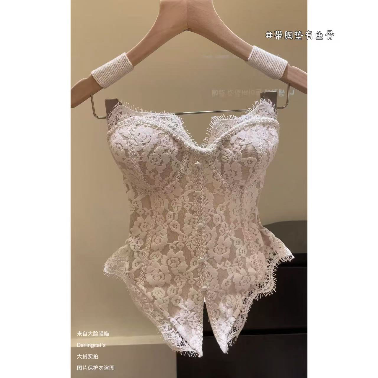 大脸喵 配肩带有鱼骨带胸垫"许愿池少女纯欲外穿蕾丝抹胸吊带背心