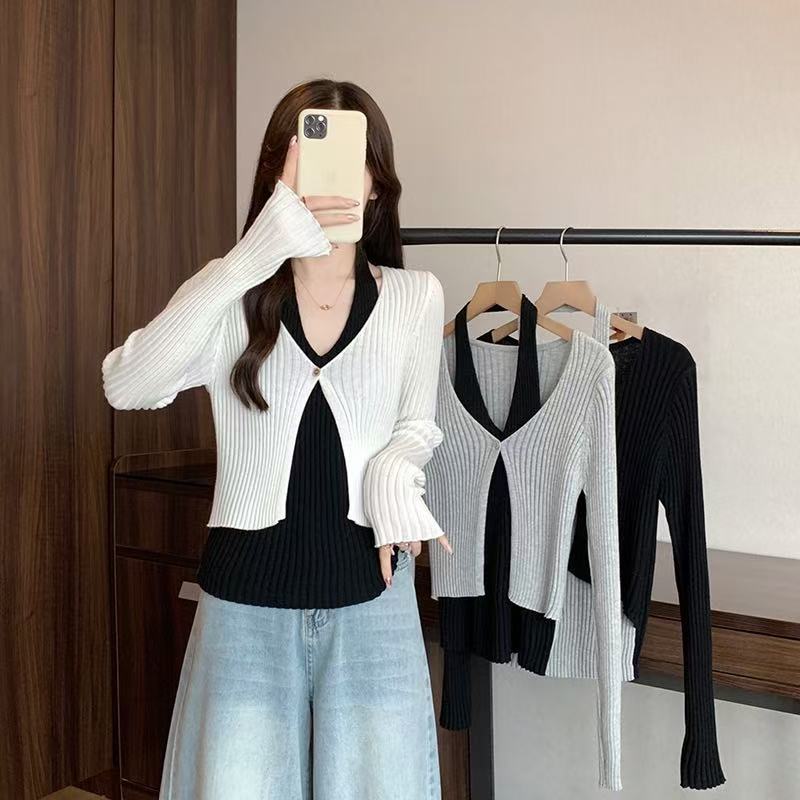 撞色假两件针织挂脖上衣女2025秋季新款大码胖mm时尚百搭显瘦穿搭