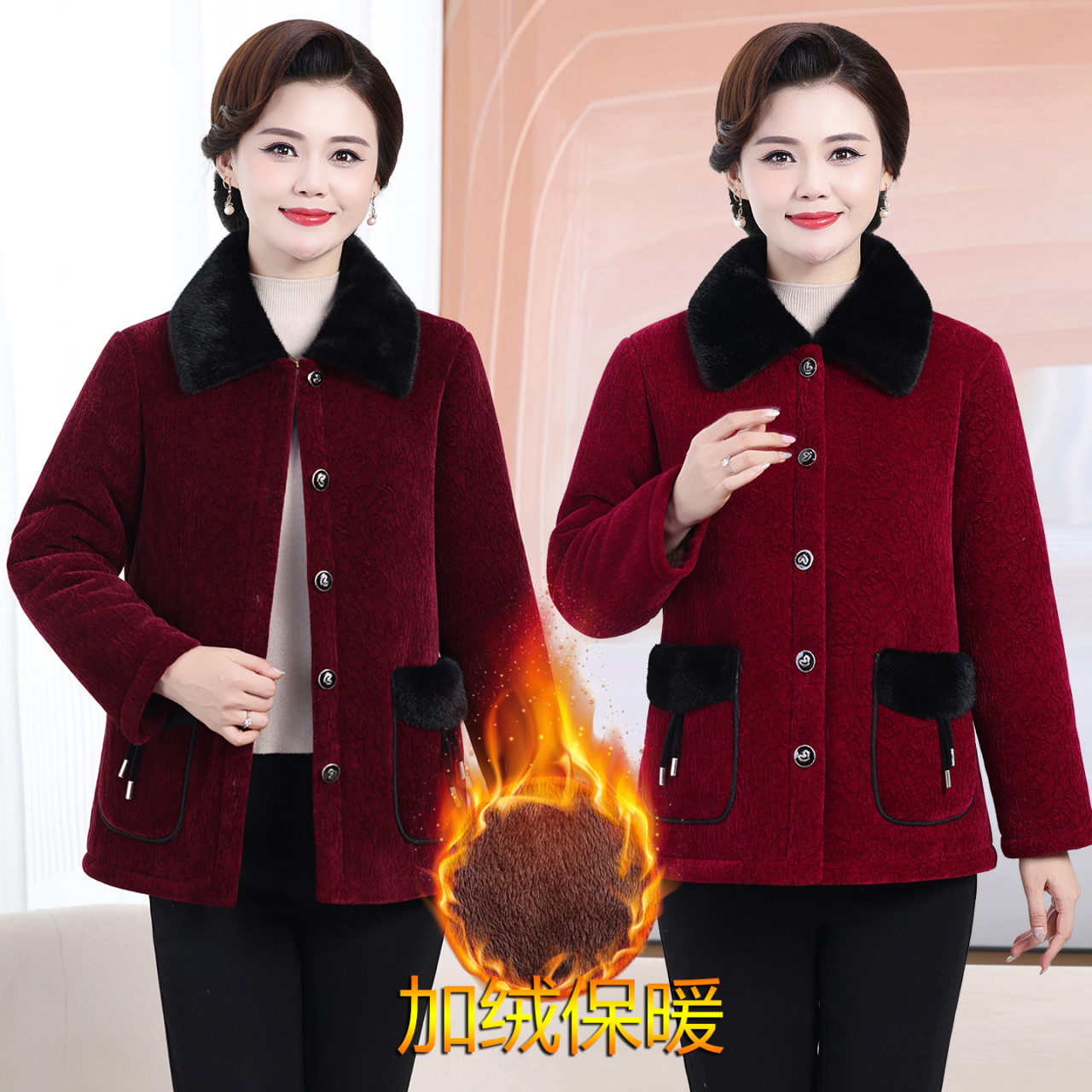 高档妈妈冬装加绒加厚棉衣袄大码宽松短款小个子棉服外套保暖中年