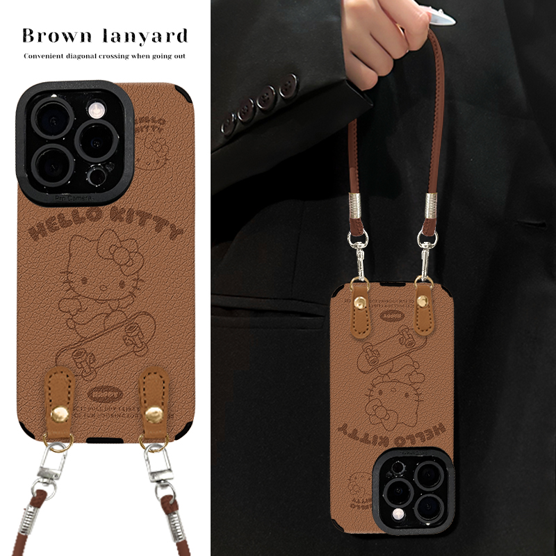 滑板kitty猫适用苹果15华为vivo/oppo小米iPhone16瞳眼羊皮手机壳