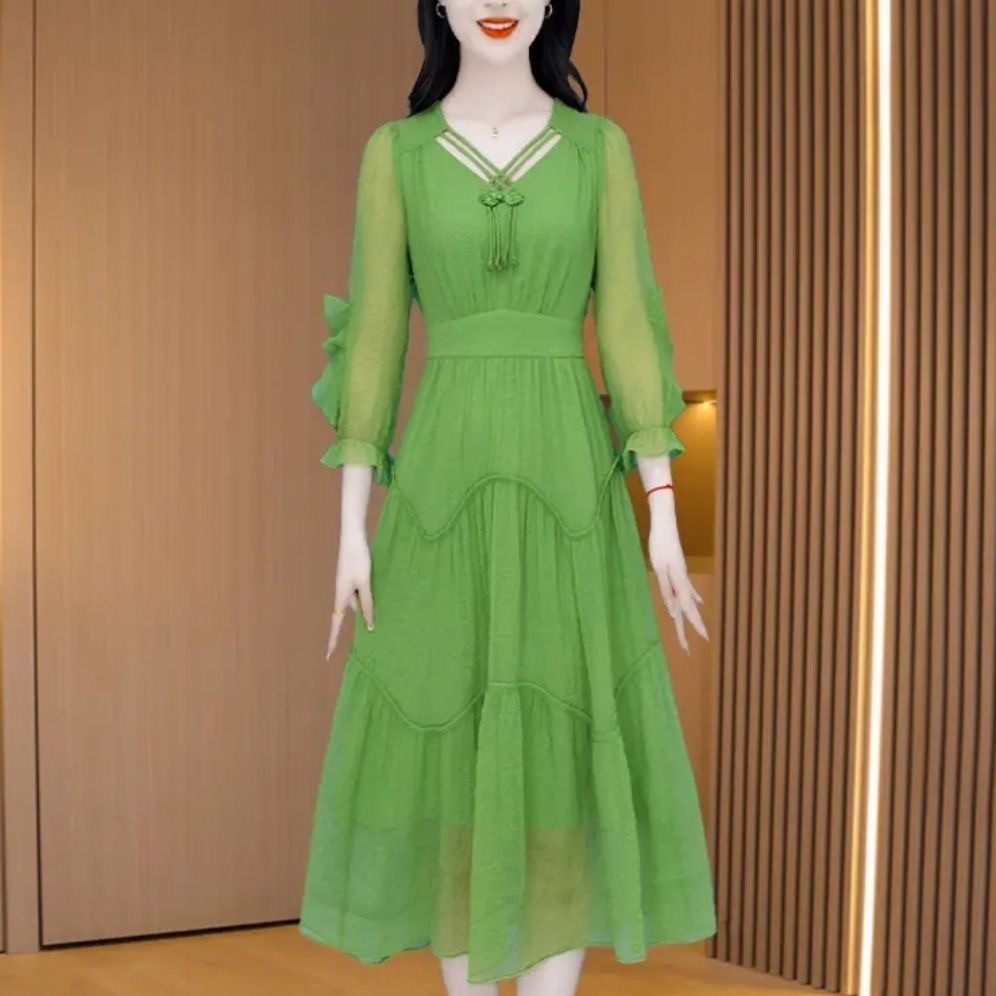 恒源祥彩羊妈妈装绿色雪纺连衣裙气质新款女春夏今年流行贵夫人十
