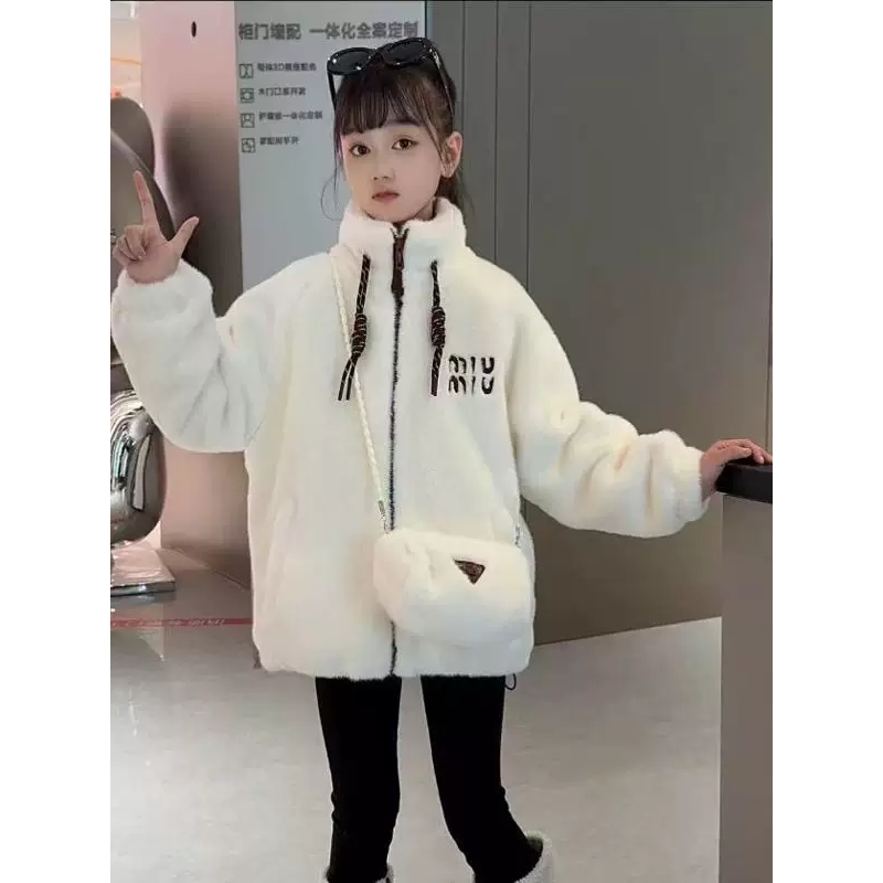 韩版水貂毛加厚外套女童秋冬新款洋气小女孩设计感刺绣毛毛衣棉服