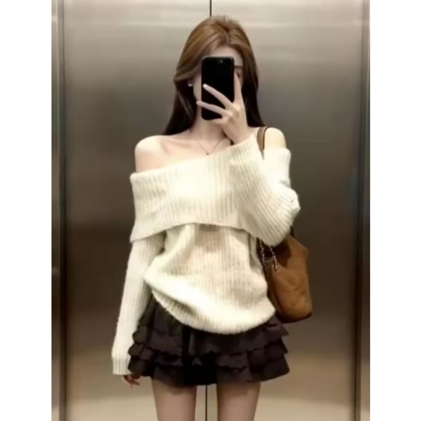 韩系慵懒风一字露肩针织衫毛衣女重工花边蛋糕短裙氛围感两件套装