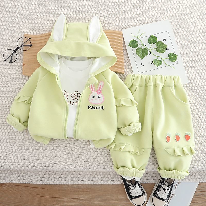 女童套装秋装外穿新款洋气宝宝连帽外套裤子春秋季儿童t恤三件套4