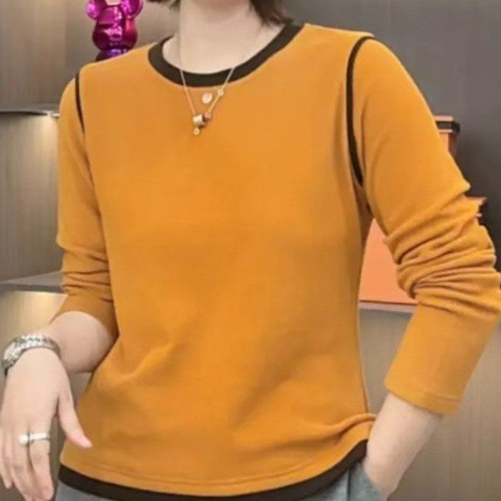 一件代发直播爆款2025秋冬新款时尚洋气拼色圆领双面绒百搭打底衫