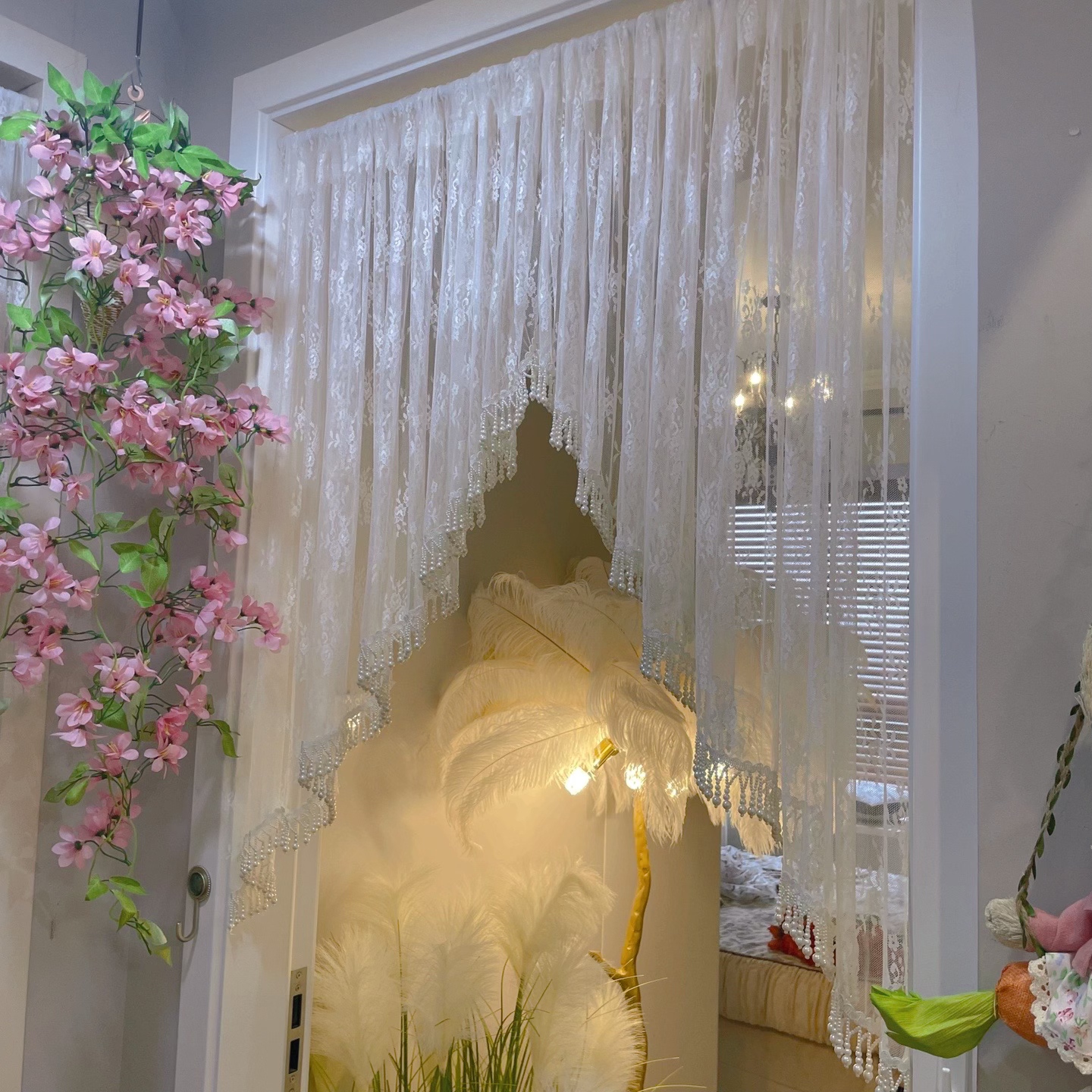 轻奢白纱流苏边碎免打孔安装隔断门帘纱帘蕾丝卧室厨房隔断