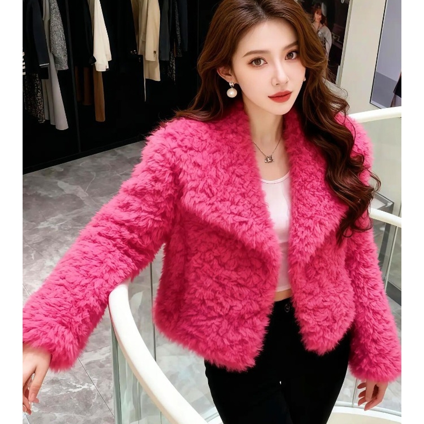 巨好看玫红色羊羔毛外套2026冬季爆款名媛高级感小香风短款上衣女