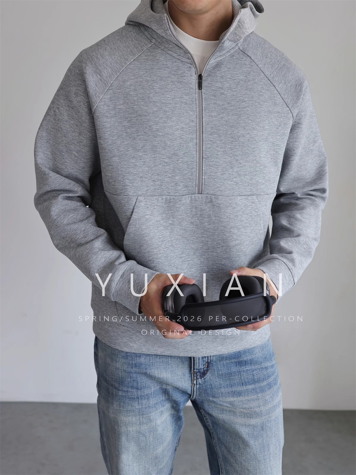 YUXIAN空气层棉质连帽半拉链套头卫衣长袖日系宽松外套休闲秋冬男