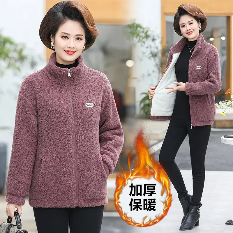 妈妈秋冬装短款羊羔绒棉衣洋气中老年女大码加绒加厚颗粒绒棉外套