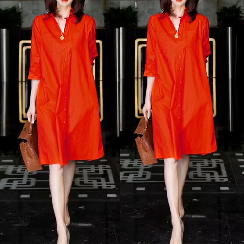 欧洲站气质衬衫连衣裙女2025夏季大码洋气时尚宽松显瘦中长款裙子