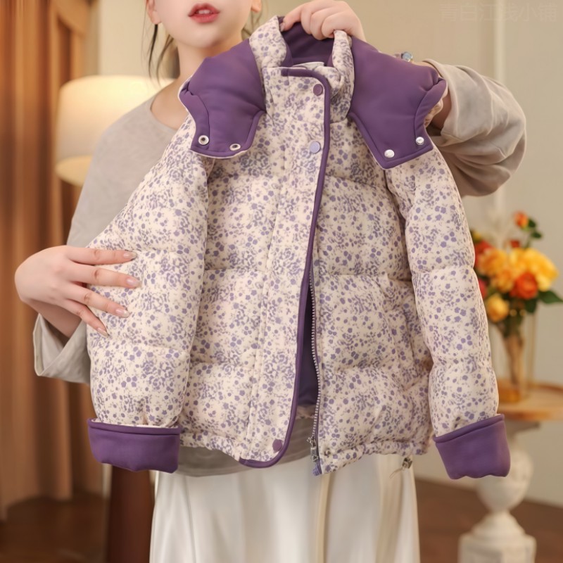 新疆西藏内蒙包邮女童碎花长袖连帽棉服冬装2025新款中大童洋气加
