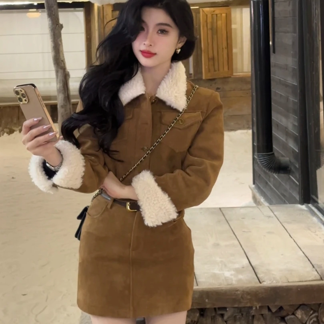 viviA复古甜酷冬季显瘦外套+半身裙两件套7685诺