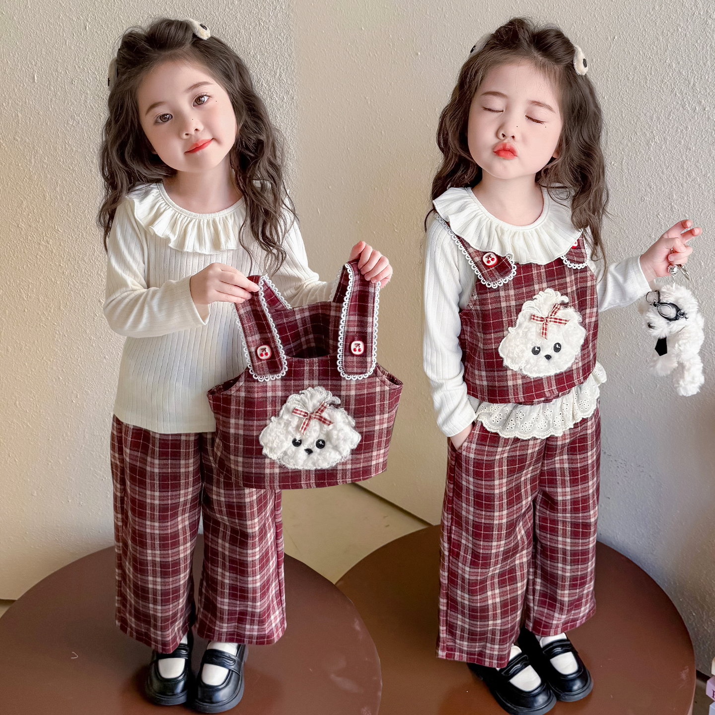 女童马甲套装春秋款2025新款儿童洋气格子外套宝宝秋装休闲两件套