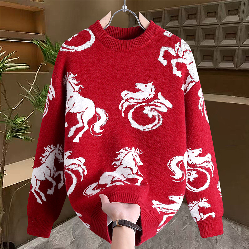 红色毛衣男冬季2025新款马年本命年衣服青少年加厚保暖男士针织衫