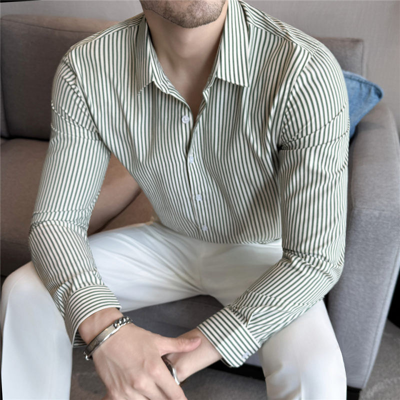 秋装质感色织条纹长袖衬衫商务休闲衬衣修身绿色帅气男士百搭上衣