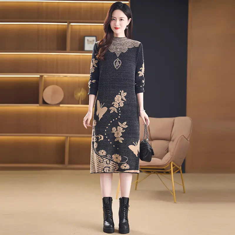 秋冬装中长款仿水貂绒毛衣打底衫宽松中年妈妈冬季加厚针织连衣裙