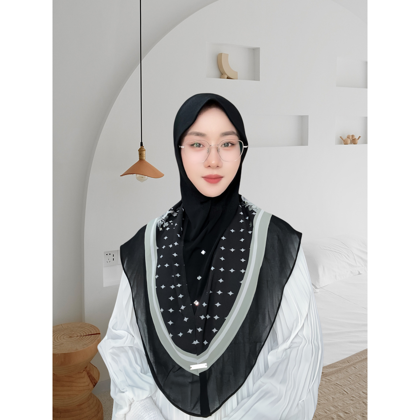 NISA新款雪纺印花双层高密度面料马来款大版星型填充头巾NT018