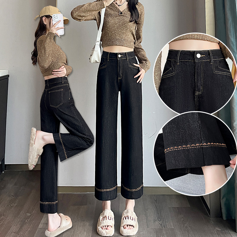 黑金色法棍牛仔裤女2025秋季直筒裤小个子八分九分窄版弹力烟管裤