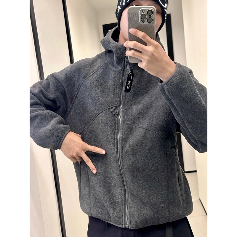 深花灰双面摇粒绒外套男女秋冬痞帅百搭保暖夹克户外连帽开衫卫衣