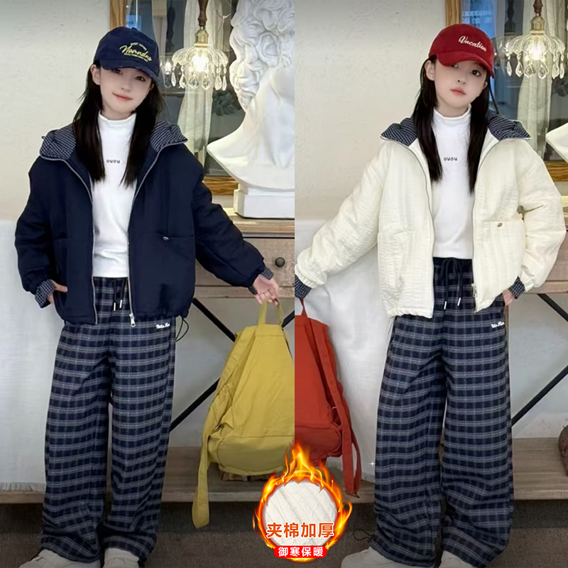 女童格子拼色绗线棉衣冬季2025新款6-14岁小女孩休闲时尚撞色棉服
