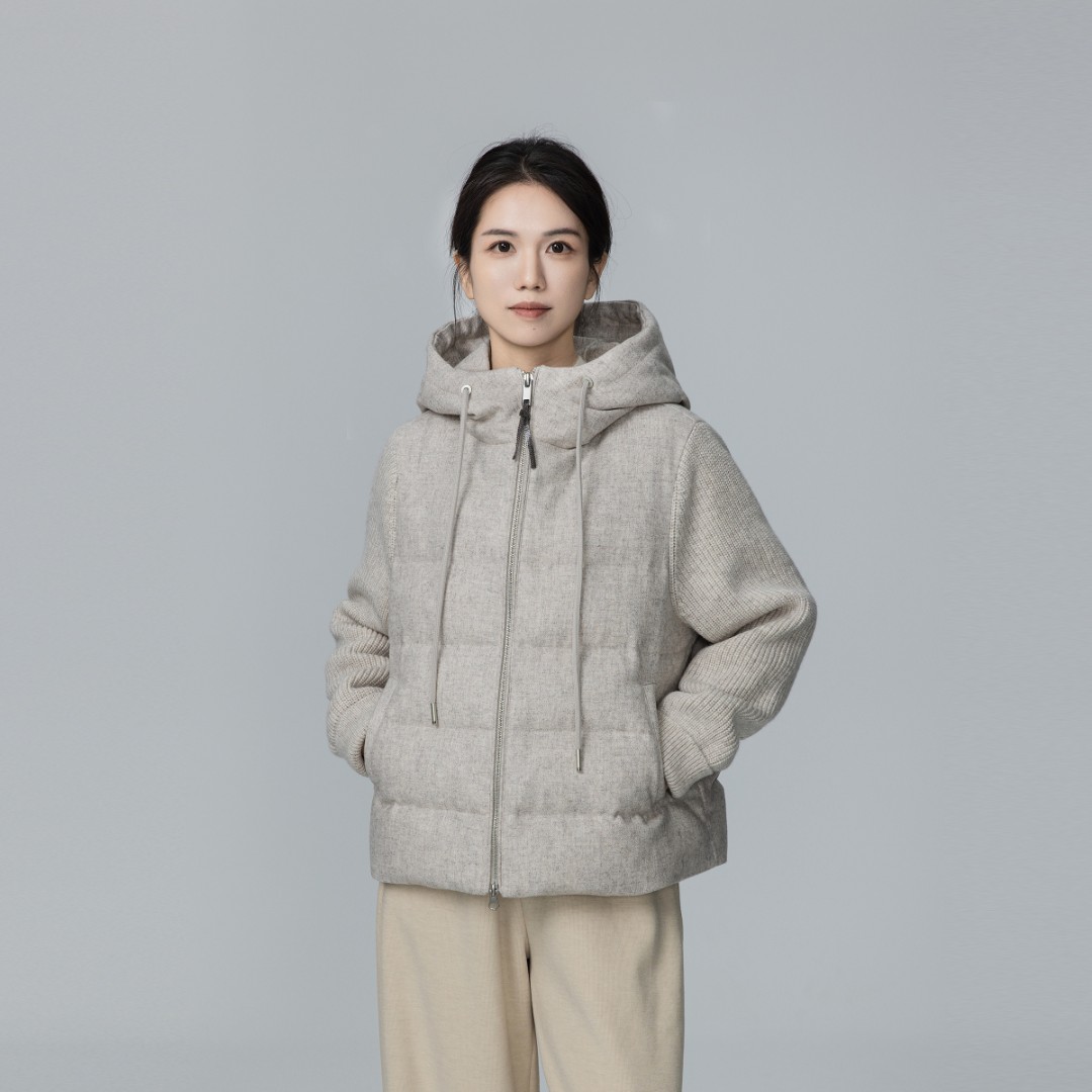 小禾【隐藏款】90白鹅绒连帽拼接针织羊毛元宝袖肌理感冬日鹅绒外套