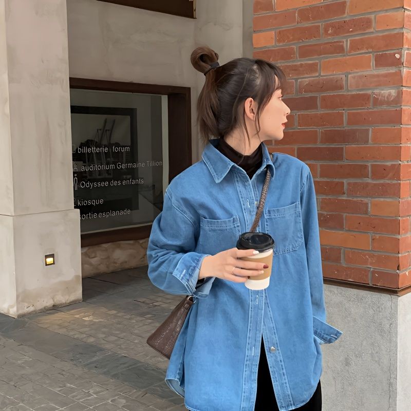 2025春季新款韩版牛仔衬衫女宽松外套百搭长袖小众复古设计感上衣