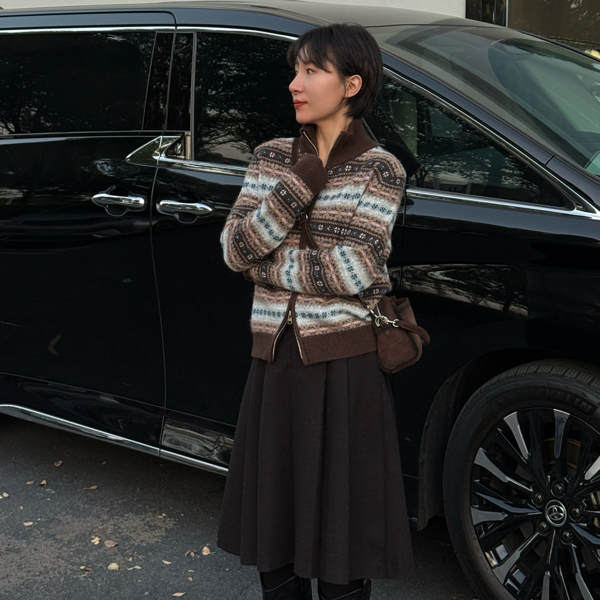 【郝洁】“费尔岛2.0”韩系复古高领费尔岛提花兔毛拉链针织开衫8582