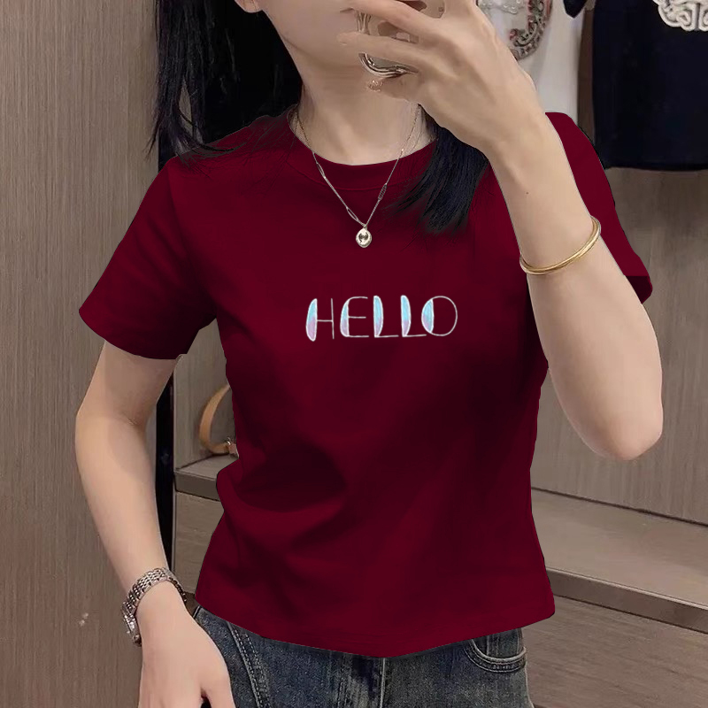 正肩红色短袖t恤女夏季修身半袖圆领大码体恤衫韩版字母印花上衣