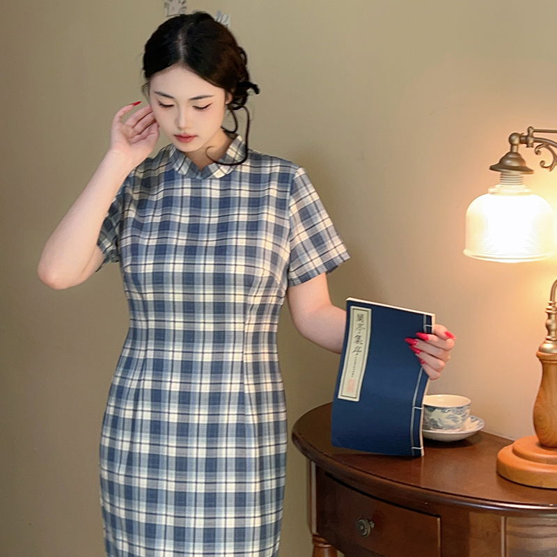 书恒【自制款】蓝色清新格子学院风新中式复古格纹旗袍大码胖mm裙