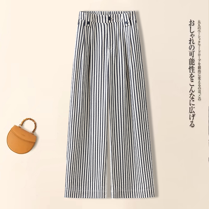 拉夏贝尔高级感阔腿裤女2025夏季新款薄款直筒裤宽松慵懒风条纹裤