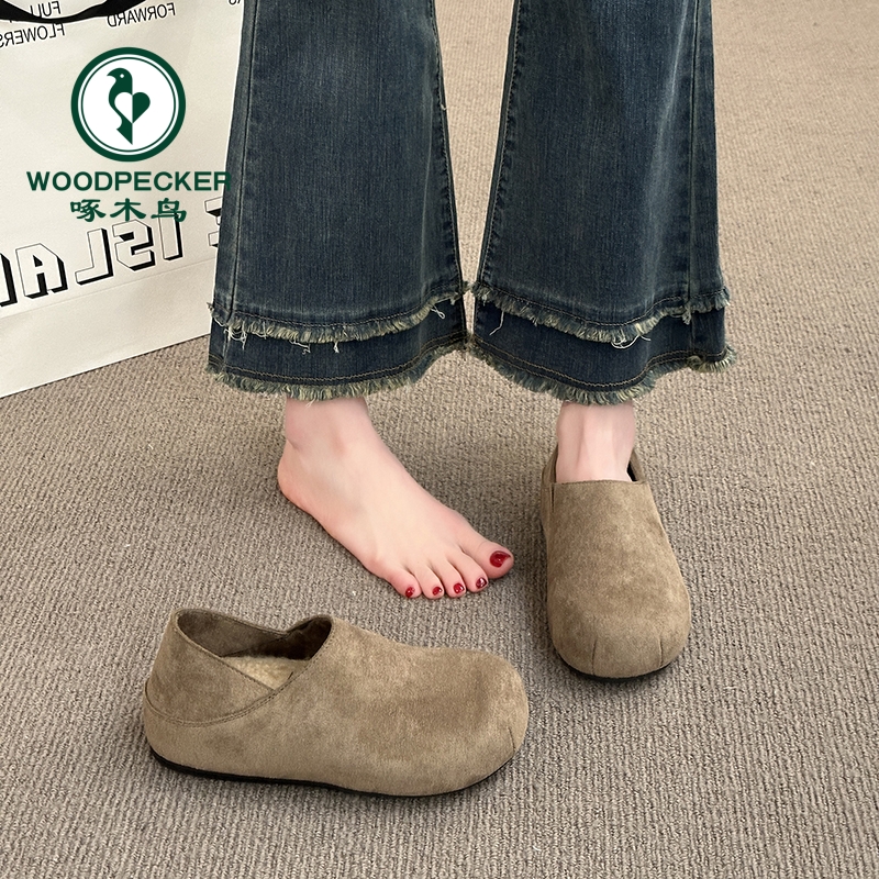 啄木鸟新款平底加绒全包勃肯鞋两穿一脚蹬二棉鞋女2025冬季豆豆鞋