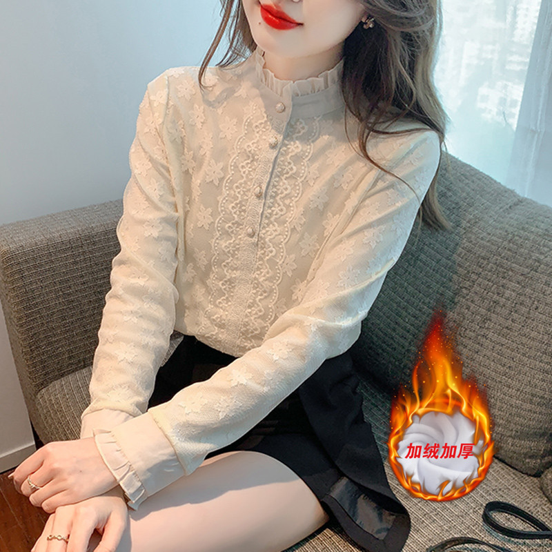 秋冬新款气质高档内搭加绒加厚蕾丝打底衫女士外穿洋气上档次上衣