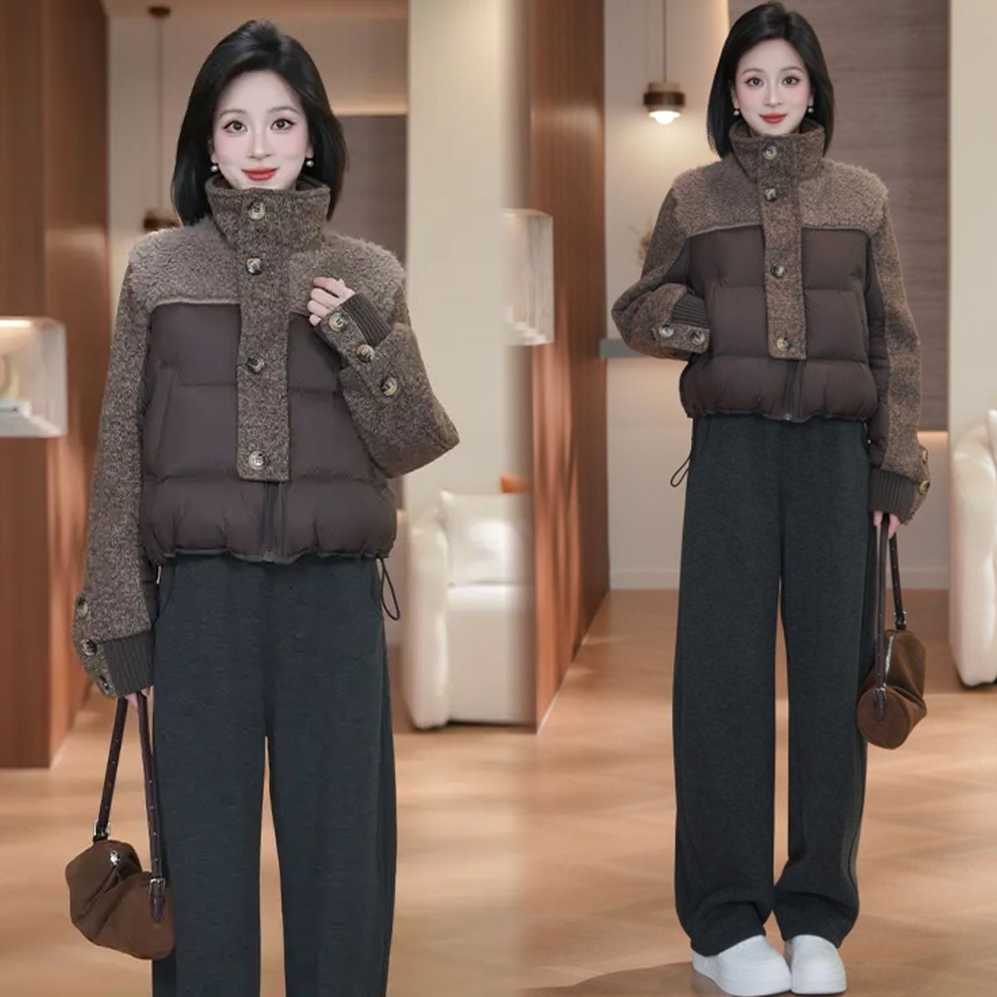 时尚羊羔毛拼接羽绒棉服女2025冬季新款洋气小个子保暖棉袄潮8926