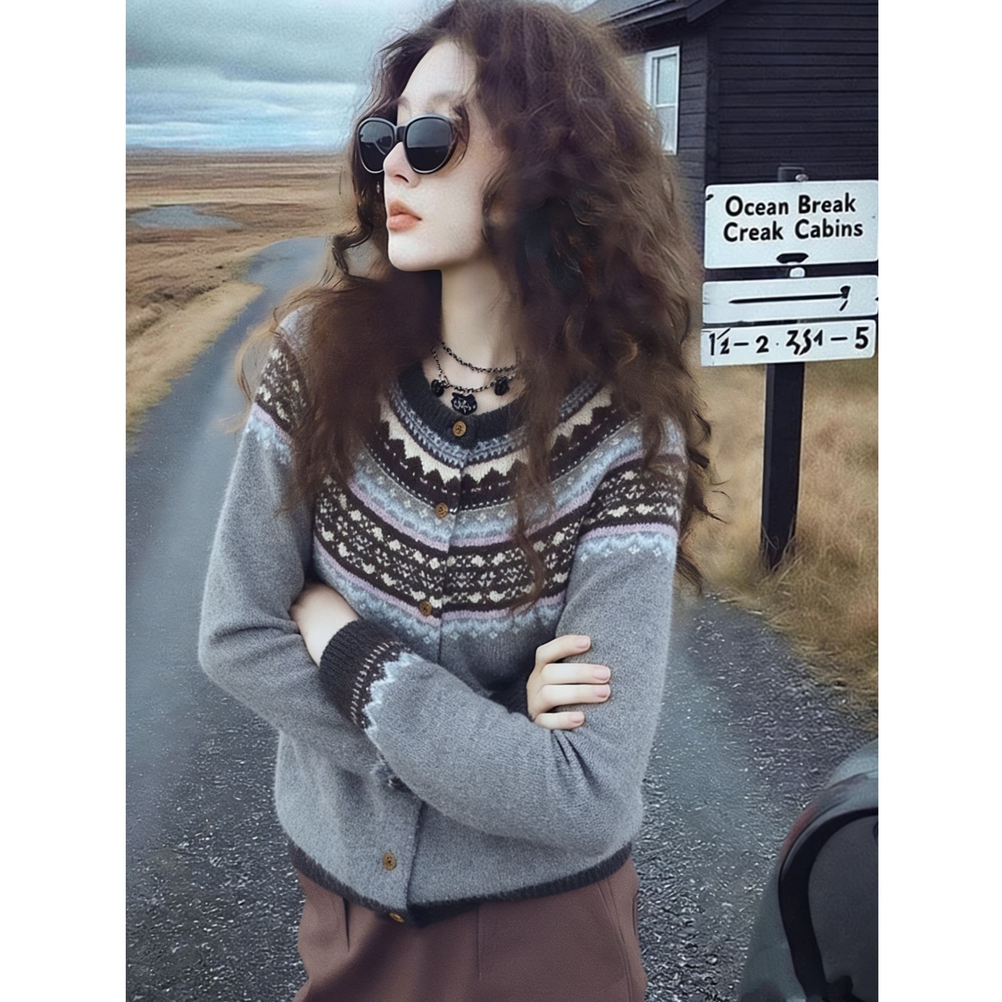 灰咖色圆领费尔岛提花设计针织衫女2025秋冬新款软糯保暖大码毛衣