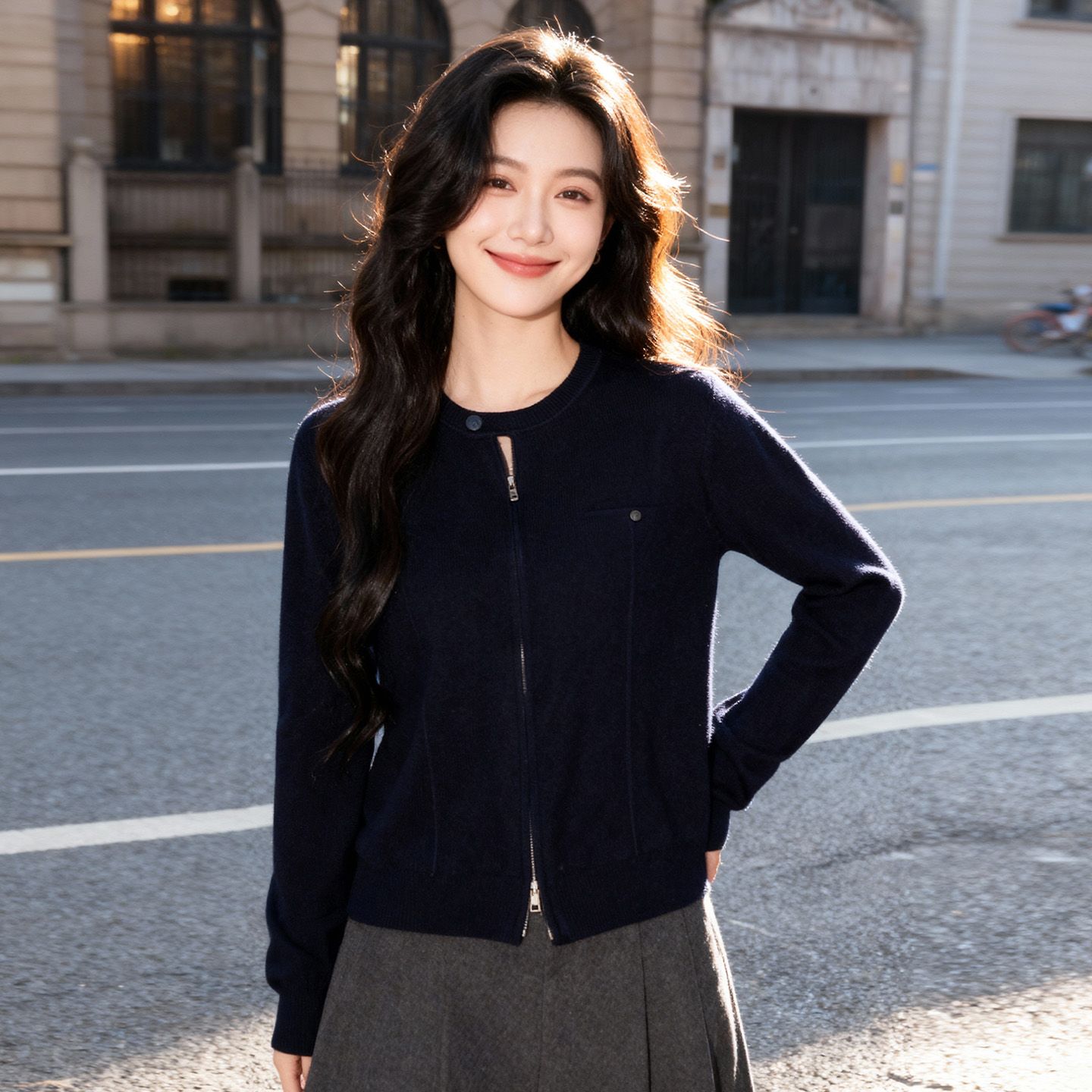 SM潮流韩版圆领毛衣外套秋冬新款长袖针织开衫极简风拉链短款上衣