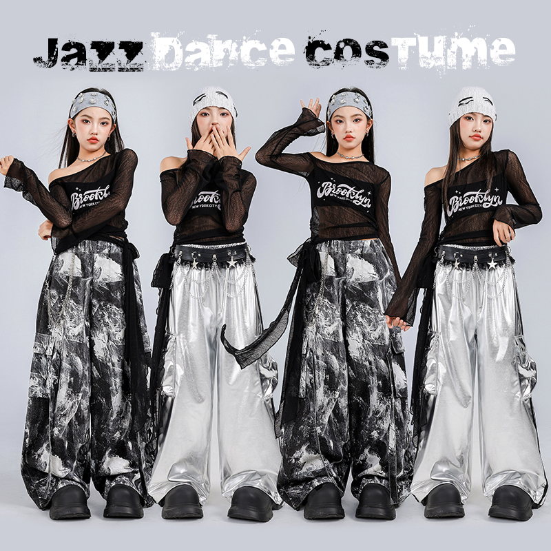 女童爵士舞服装模特走秀潮酷时髦网纱长袖套装露脐爵士舞女童服装
