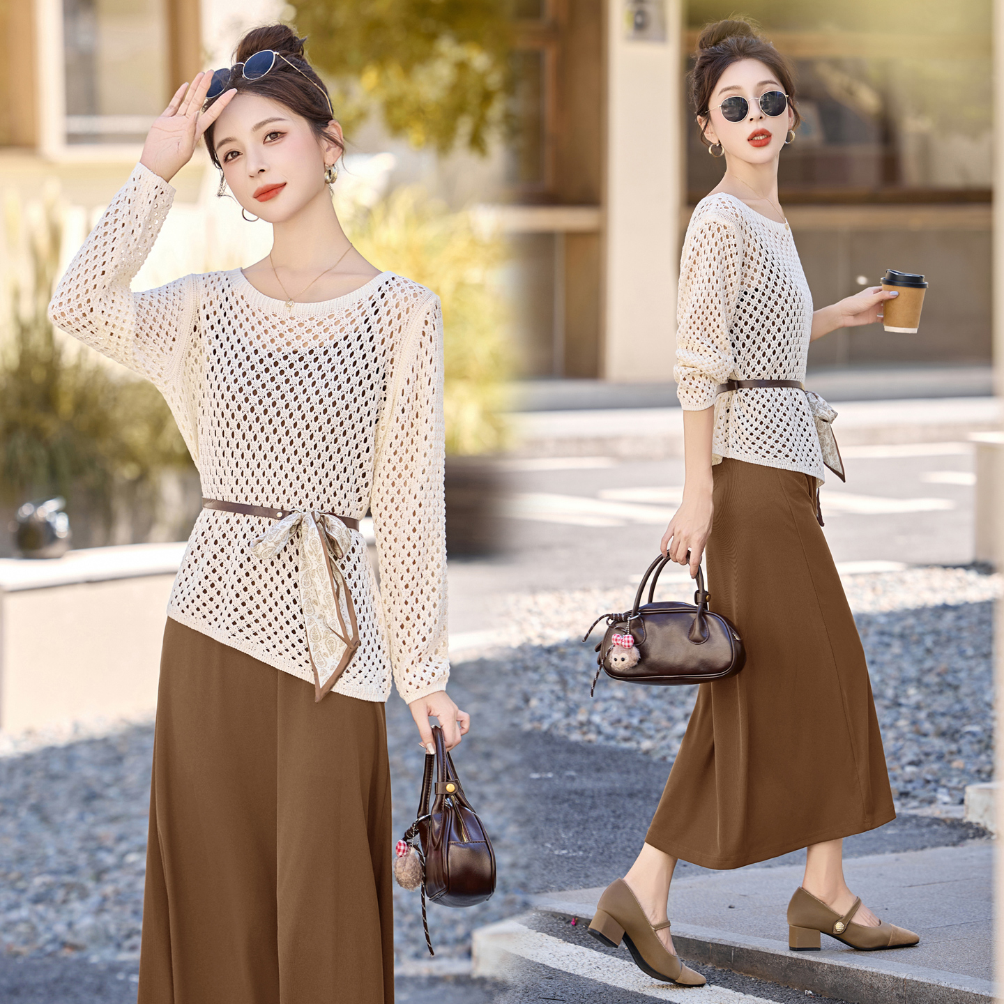 法式镂空针织罩衫套装女2025早秋新款轻熟风系带收腰吊带裙两件套