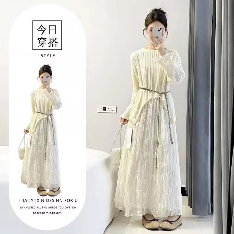 夏装搭配一整套时尚小个子独特漂亮小香风杏色针织罩衫半身裙套装