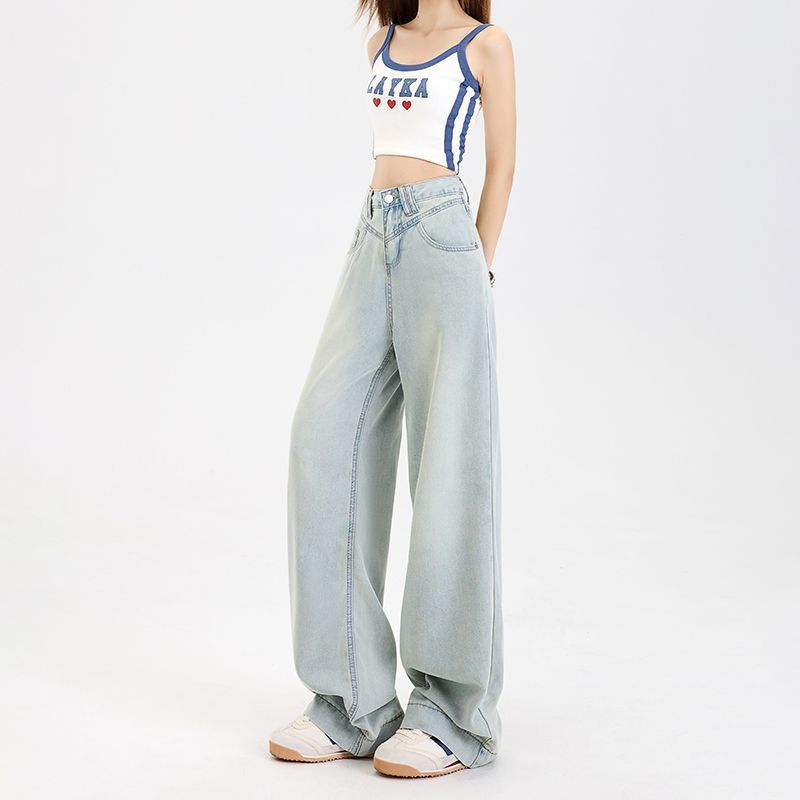 哥弟阿玛施正品莱赛尔水洗浅色阔腿牛仔裤女夏季薄款高腰宽松显瘦