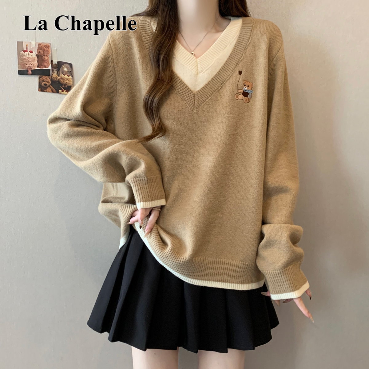 拉夏贝尔大码秋冬新款假两件V领小熊针织衫女学院风美拉德毛衣潮