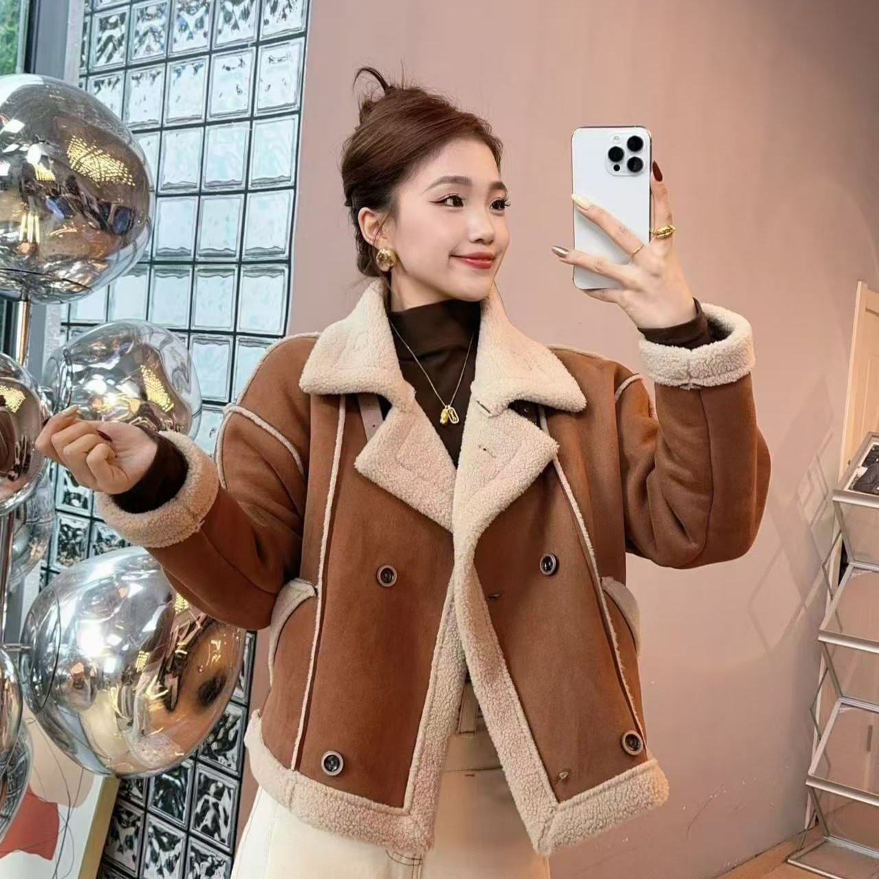 宽松版皮毛一体羊羔绒机车外套短款秋冬新款小个子加厚1801