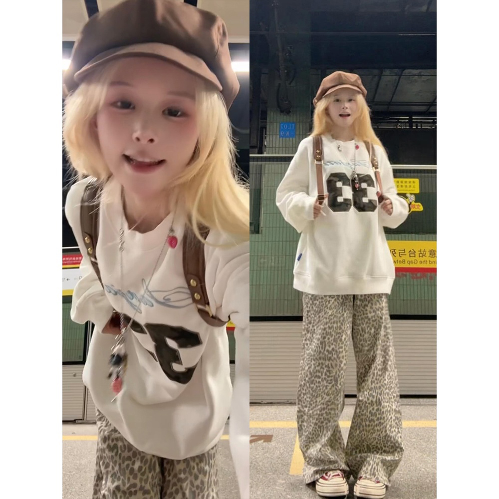 刺绣圆领卫衣女秋冬美式复古加绒加厚宽松慵懒风无帽设计感上衣