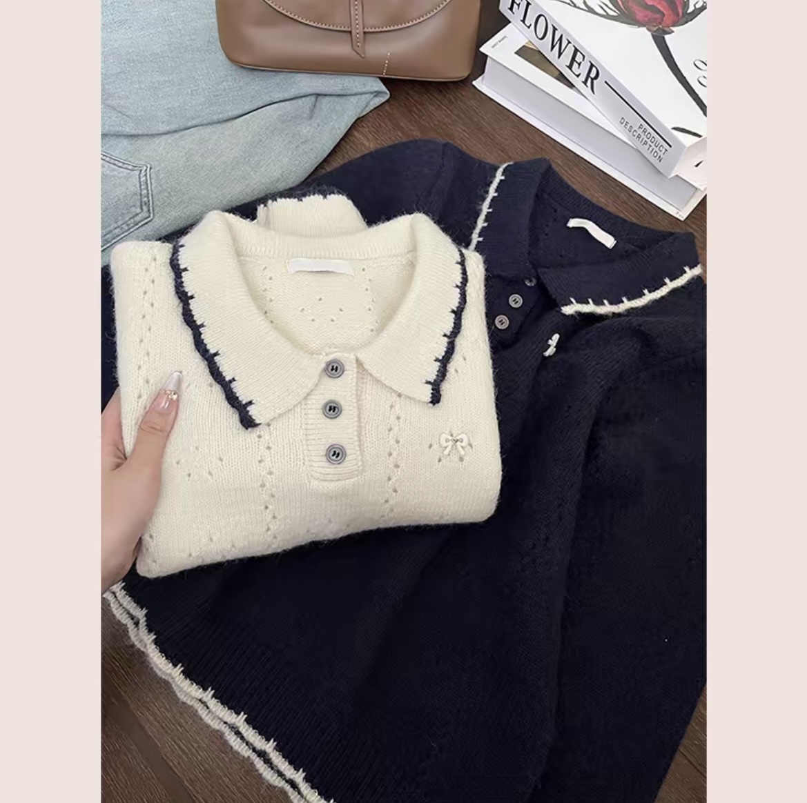 学院风拼色翻领蝴蝶结刺绣套头毛衣女2025秋冬新款针织衫上衣2554