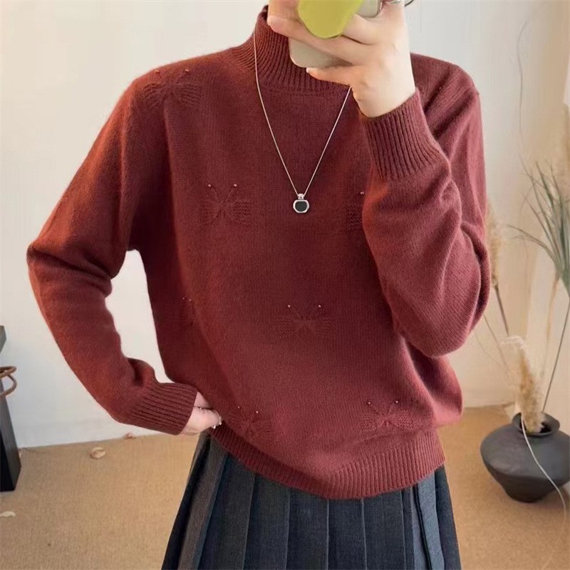 3362蝴蝶结钉珠软糯圆领长袖毛针织衫女冬季新款套头百搭秋冬