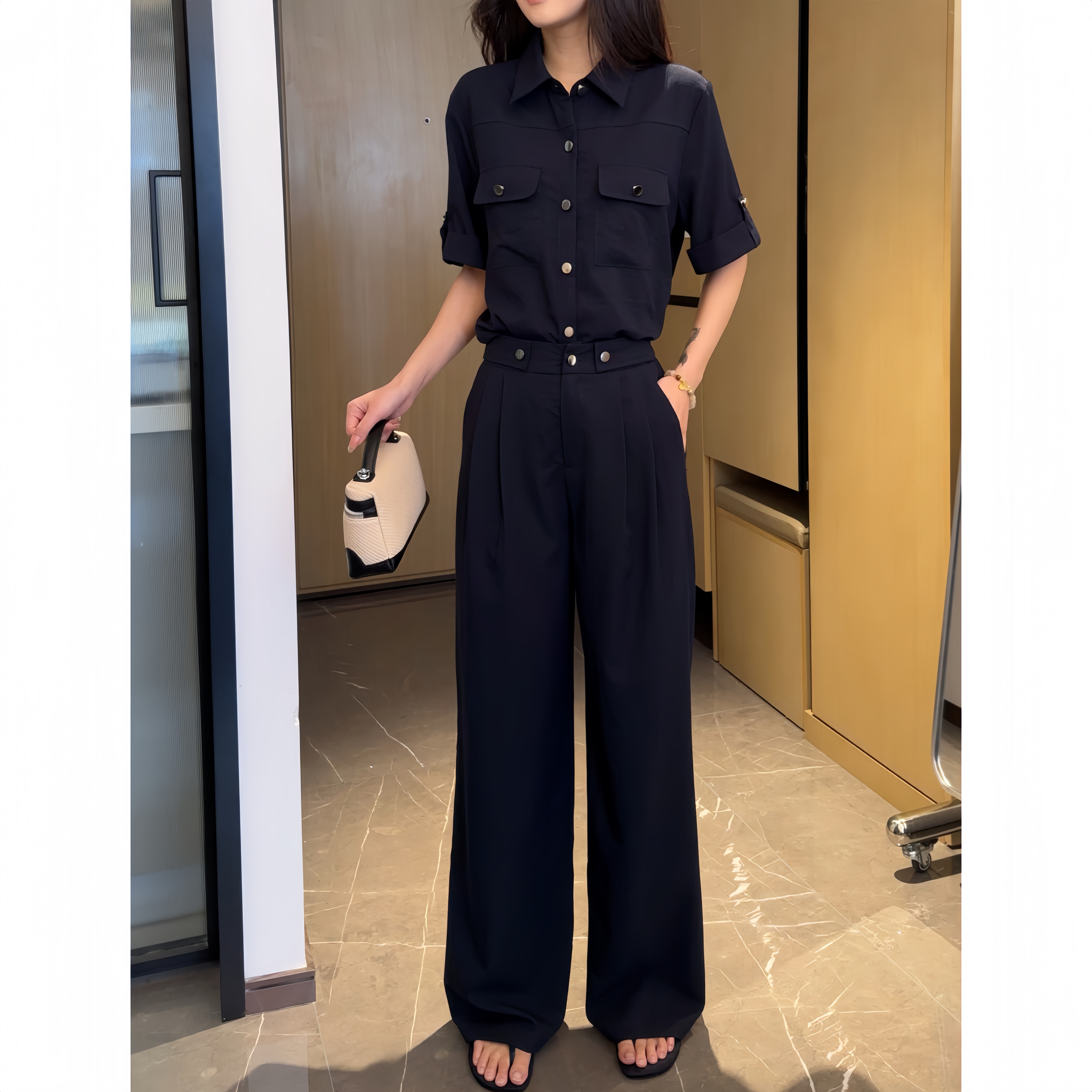 2025夏季新款时尚套装女帅气双排扣上衣宽松显瘦阔腿裤休闲两件套