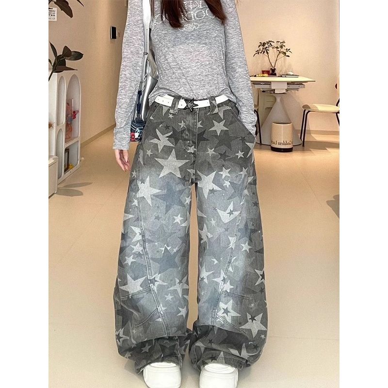 美式复古水洗渐变星星满印牛仔裤男女新款宽松垂感阔腿拖地感长裤